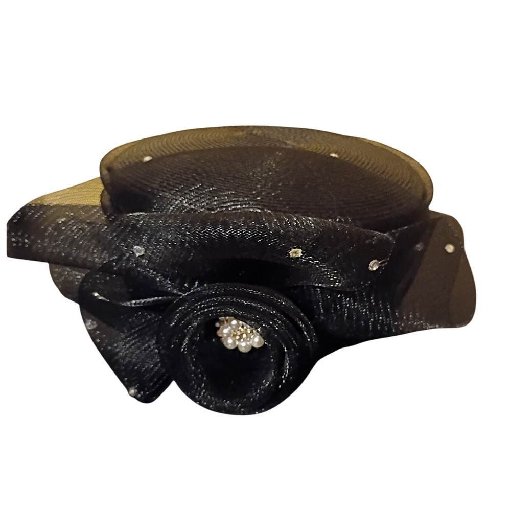 Vintage Style Black Pillbox Fascinator Hat Mesh Rose Rhinestone Pearl Accents